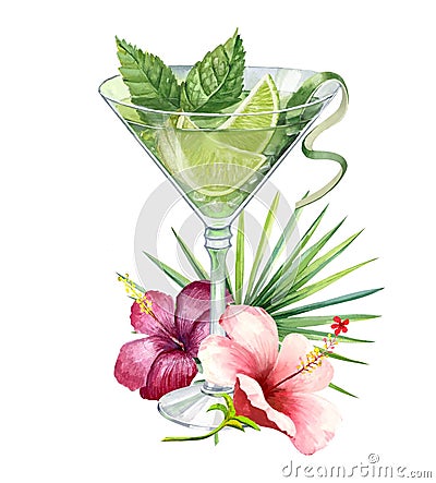 Lime and mint cocktail with ice in a glass flute with a bright tropical bouquet.Watercolor illustration Cartoon Illustration